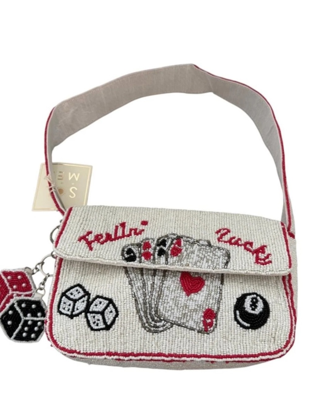 SOL AND MER Lucky Beaded Card & Dice Shoulder Bag - White and Red
